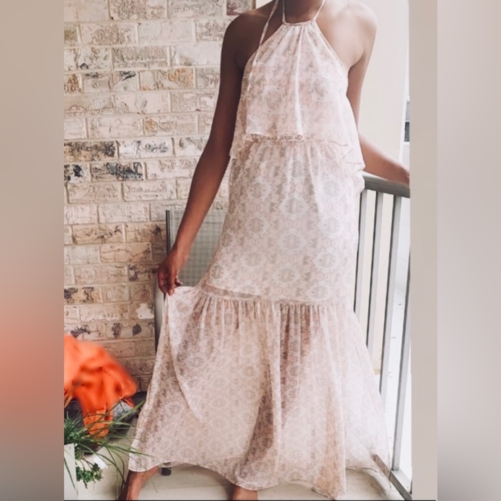 BCBGeneration Halter Chiffon Dress Back Ties Flowing Skirt w Side Slits ZB2